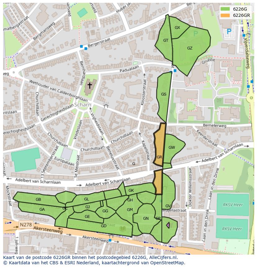 Afbeelding van het postcodegebied 6226 GR op de kaart.