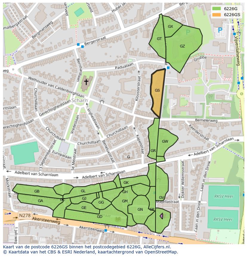Afbeelding van het postcodegebied 6226 GS op de kaart.