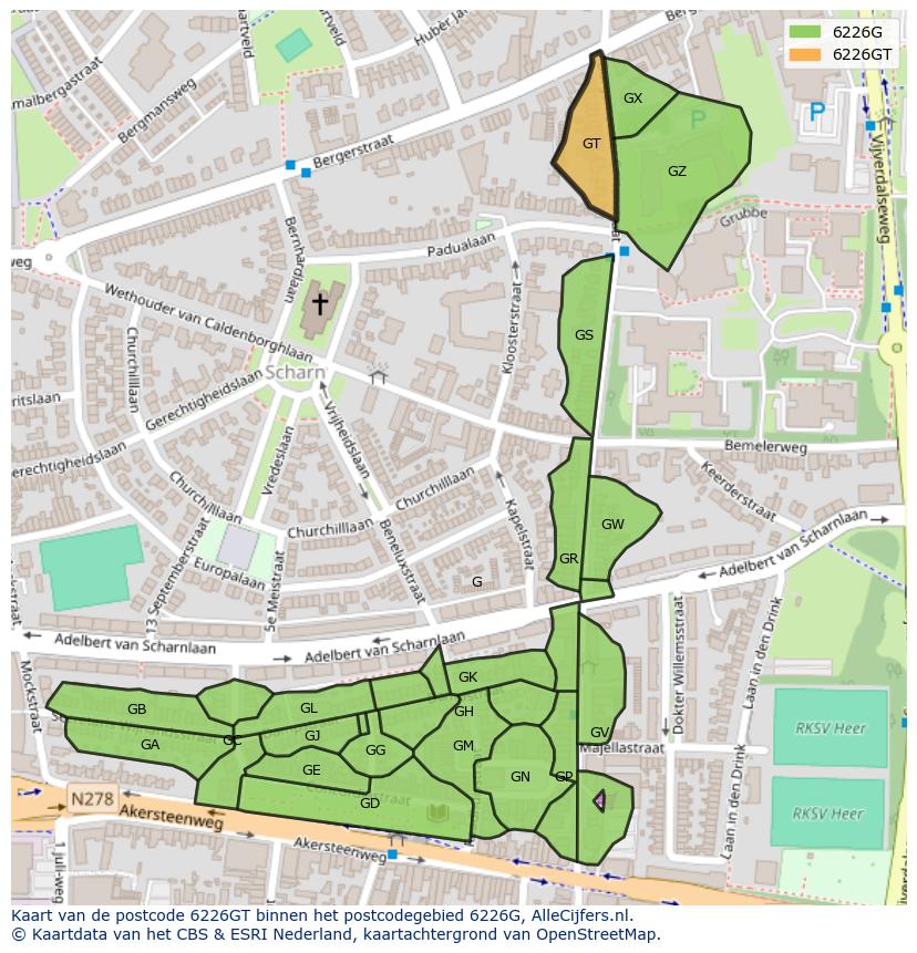 Afbeelding van het postcodegebied 6226 GT op de kaart.