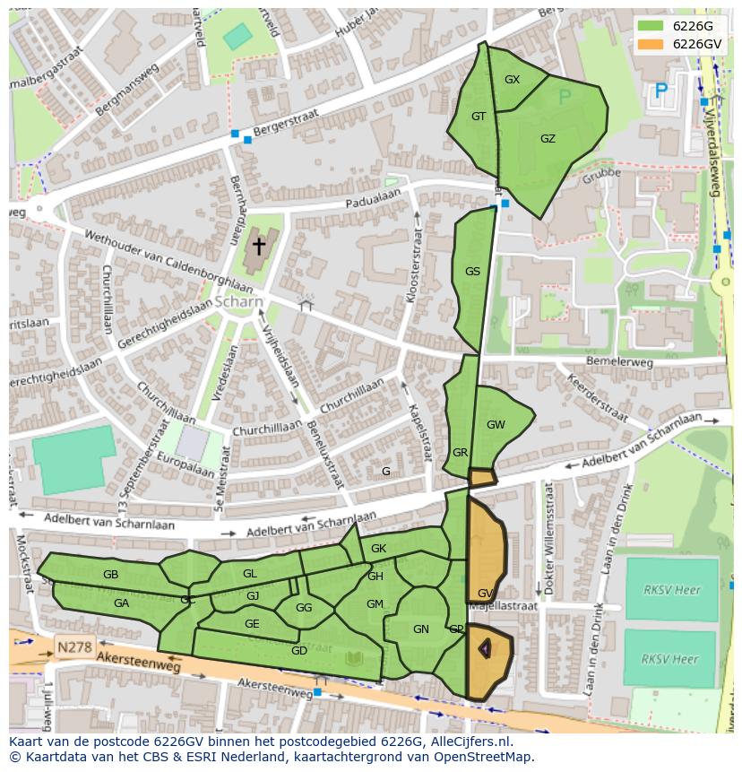Afbeelding van het postcodegebied 6226 GV op de kaart.