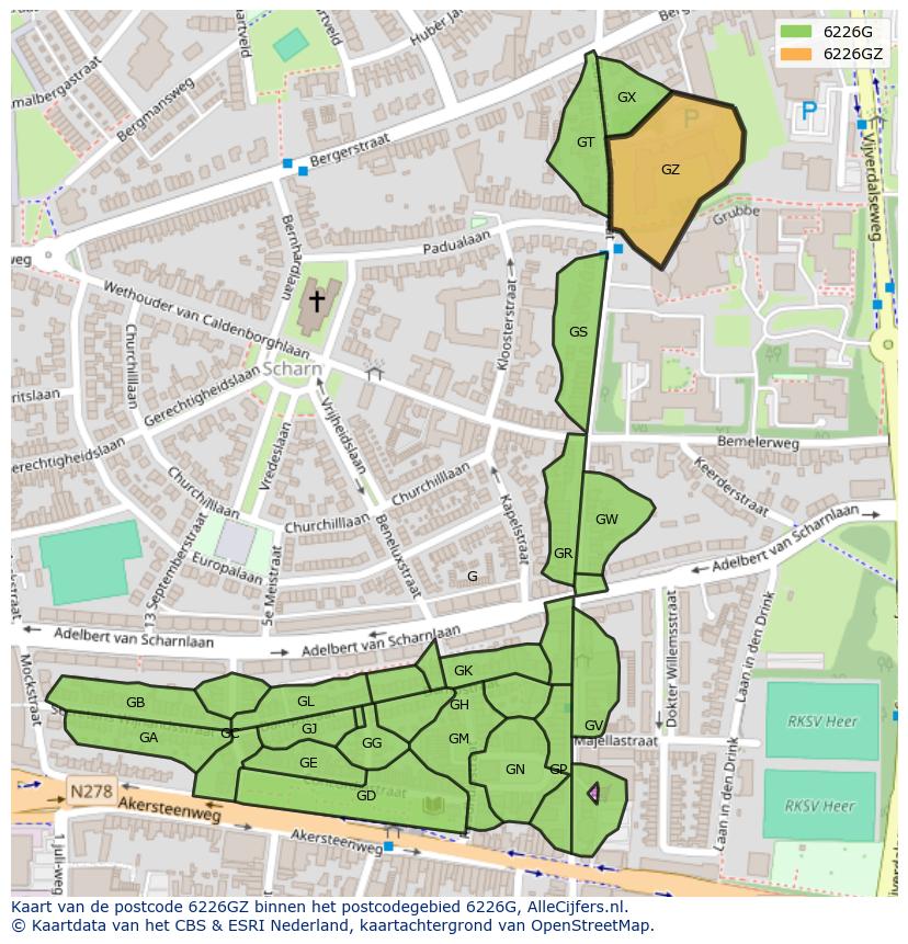 Afbeelding van het postcodegebied 6226 GZ op de kaart.