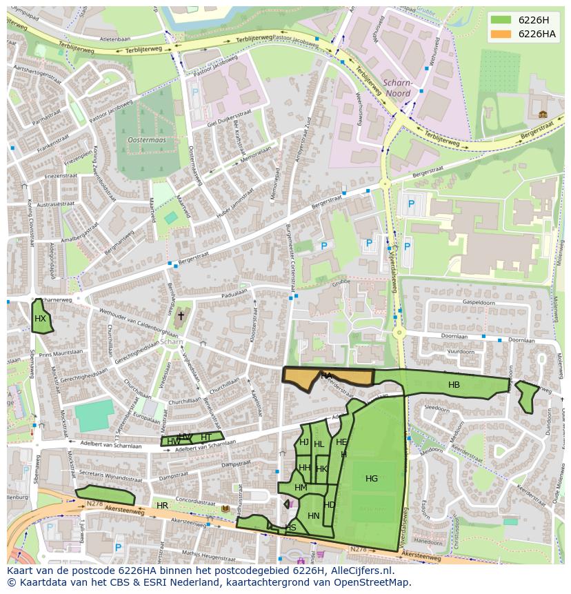 Afbeelding van het postcodegebied 6226 HA op de kaart.