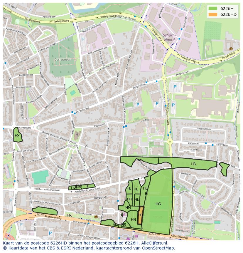 Afbeelding van het postcodegebied 6226 HD op de kaart.