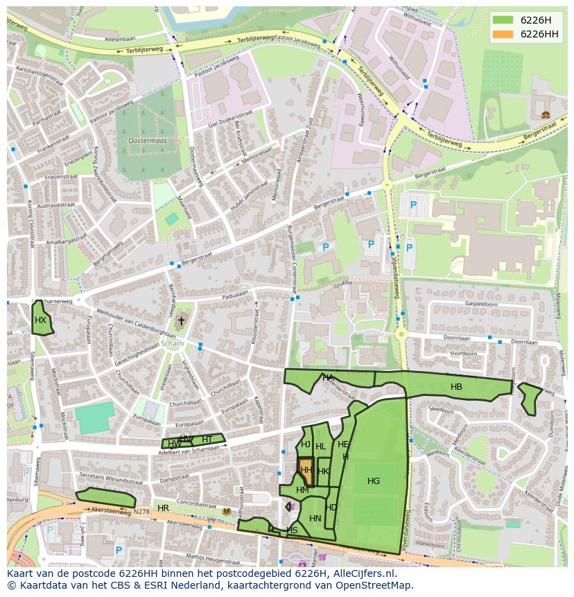 Afbeelding van het postcodegebied 6226 HH op de kaart.