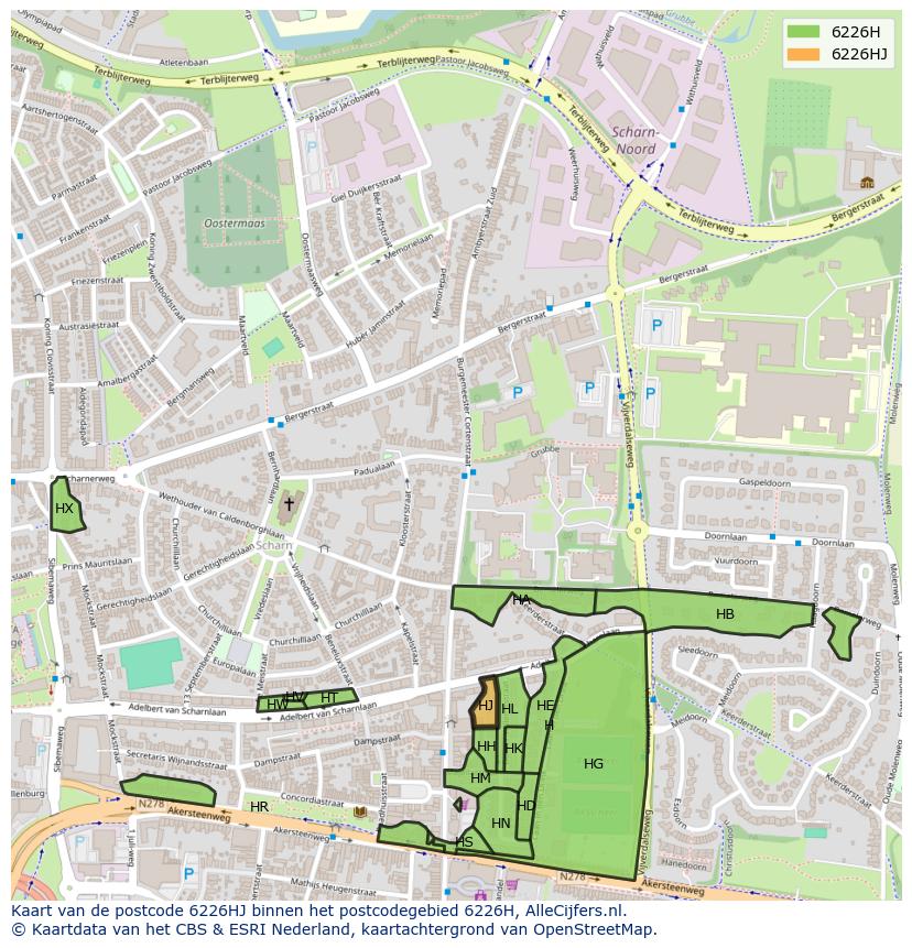 Afbeelding van het postcodegebied 6226 HJ op de kaart.