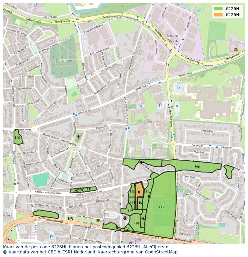 Afbeelding van het postcodegebied 6226 HL op de kaart.