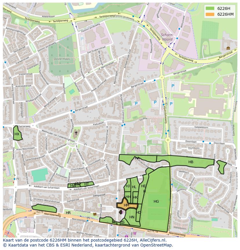 Afbeelding van het postcodegebied 6226 HM op de kaart.