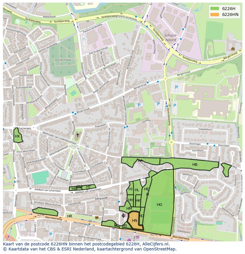 Afbeelding van het postcodegebied 6226 HN op de kaart.