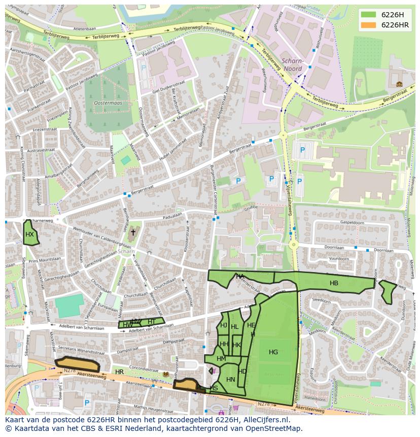 Afbeelding van het postcodegebied 6226 HR op de kaart.