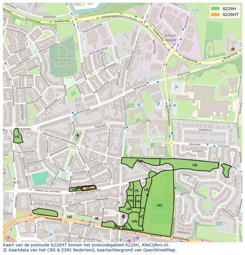 Afbeelding van het postcodegebied 6226 HT op de kaart.
