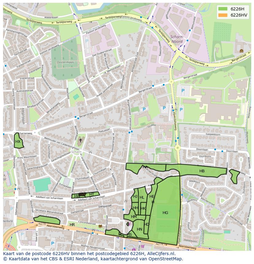 Afbeelding van het postcodegebied 6226 HV op de kaart.