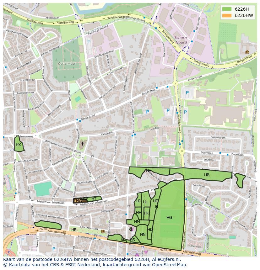 Afbeelding van het postcodegebied 6226 HW op de kaart.