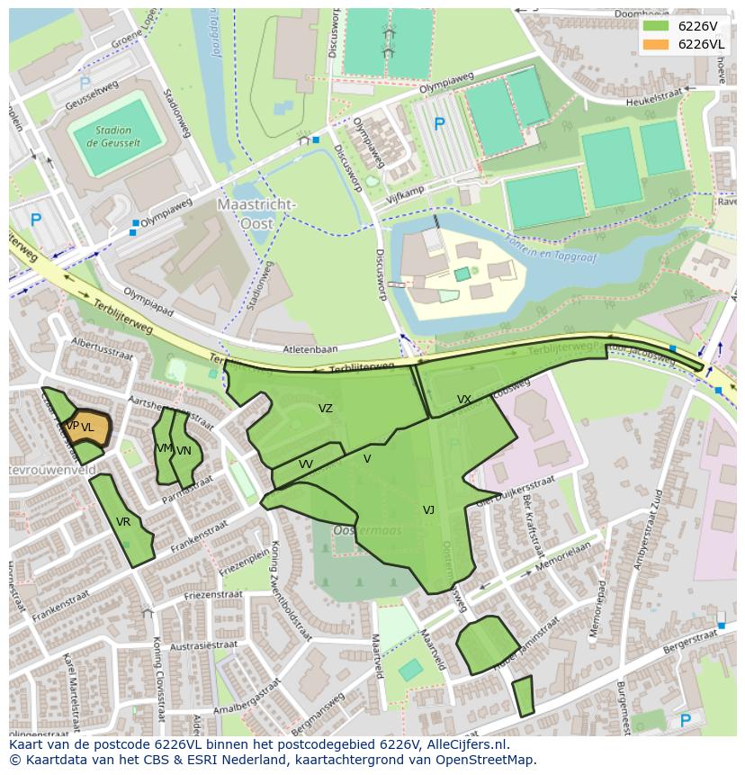 Afbeelding van het postcodegebied 6226 VL op de kaart.