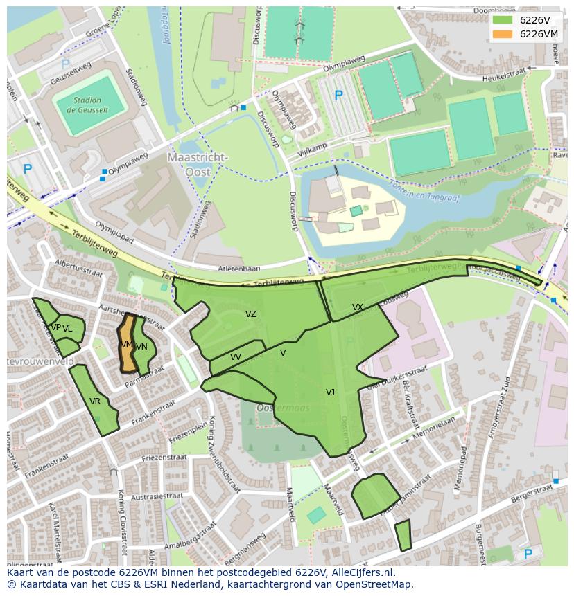 Afbeelding van het postcodegebied 6226 VM op de kaart.