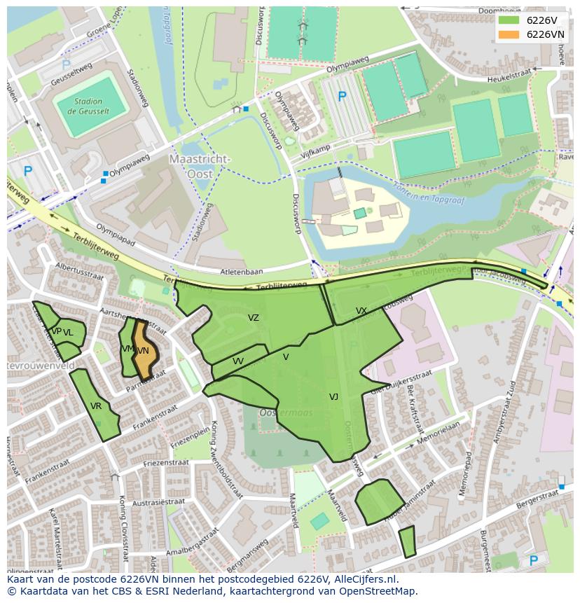 Afbeelding van het postcodegebied 6226 VN op de kaart.
