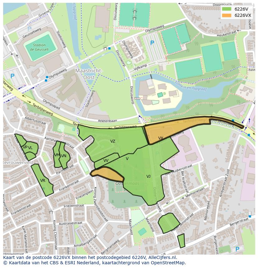 Afbeelding van het postcodegebied 6226 VX op de kaart.