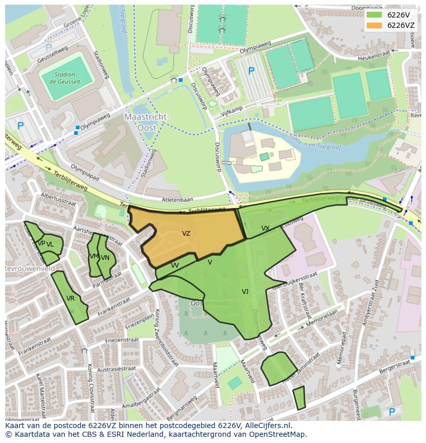 Afbeelding van het postcodegebied 6226 VZ op de kaart.