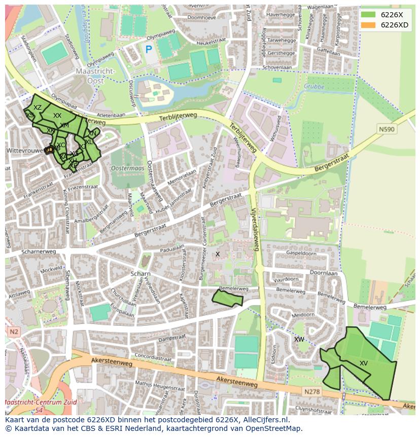 Afbeelding van het postcodegebied 6226 XD op de kaart.