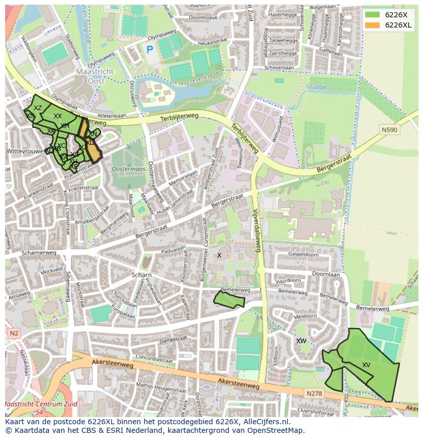 Afbeelding van het postcodegebied 6226 XL op de kaart.