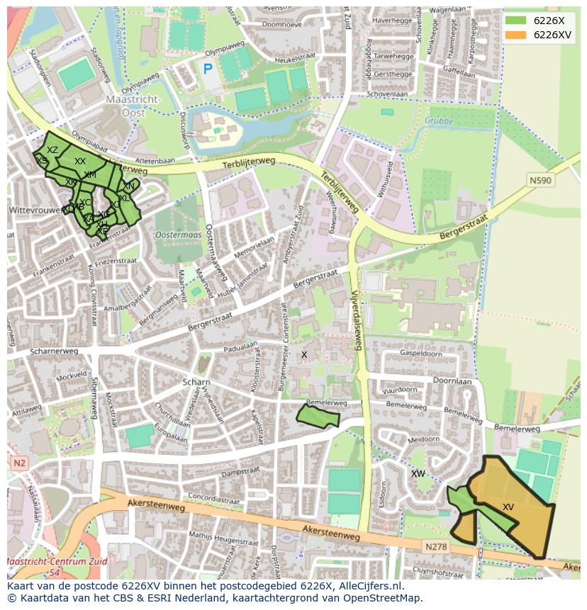 Afbeelding van het postcodegebied 6226 XV op de kaart.