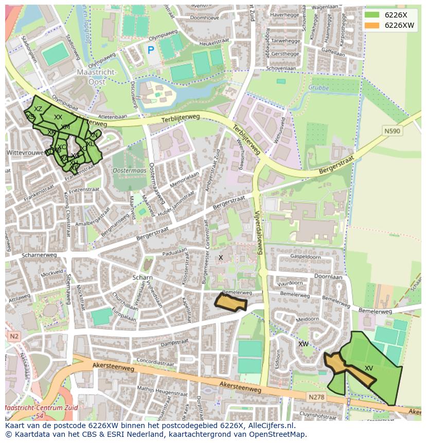 Afbeelding van het postcodegebied 6226 XW op de kaart.