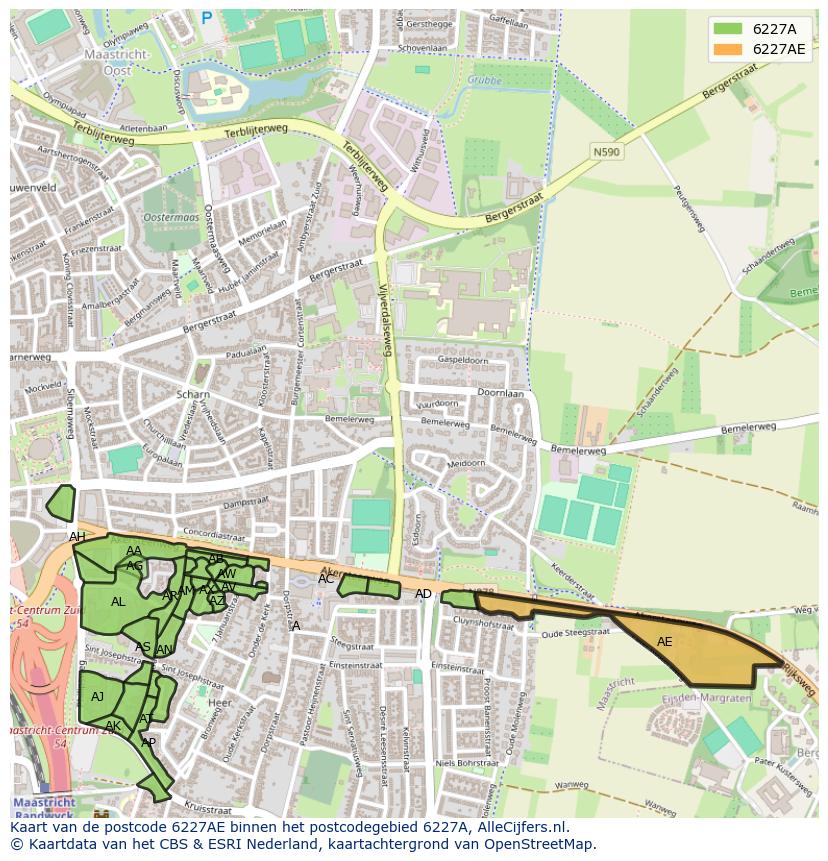 Afbeelding van het postcodegebied 6227 AE op de kaart.