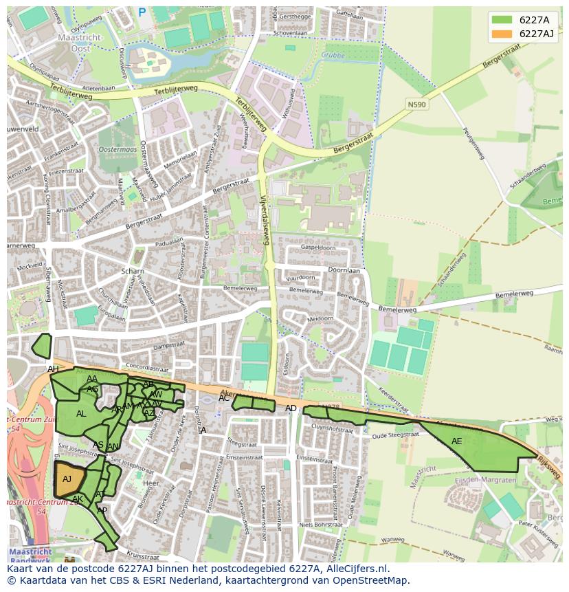 Afbeelding van het postcodegebied 6227 AJ op de kaart.