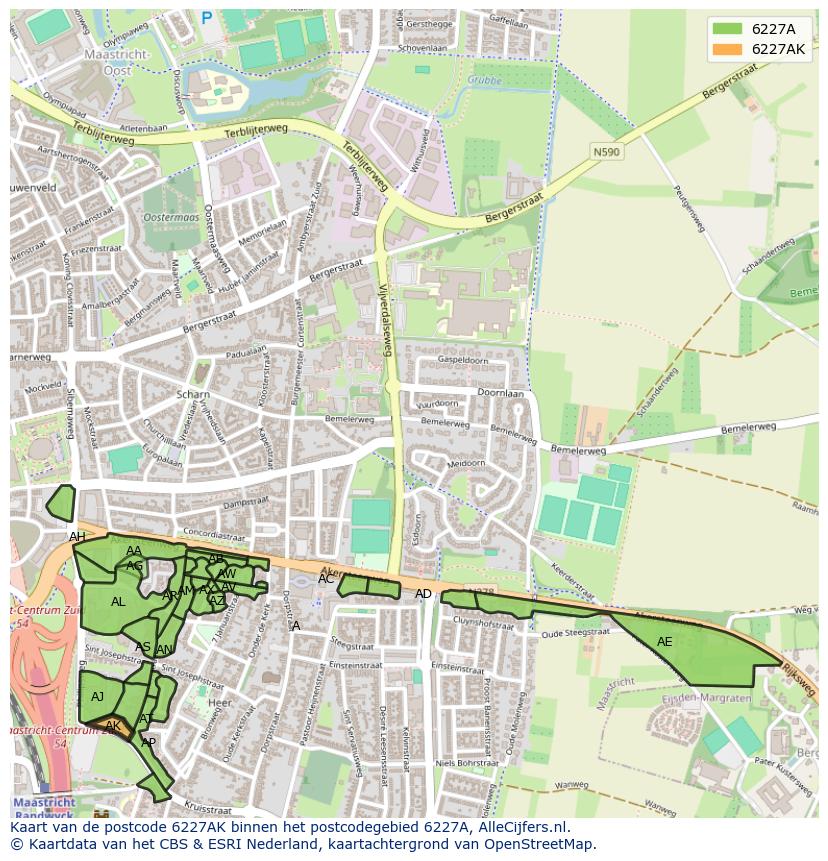 Afbeelding van het postcodegebied 6227 AK op de kaart.