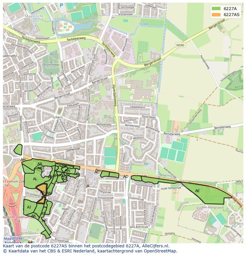 Afbeelding van het postcodegebied 6227 AS op de kaart.