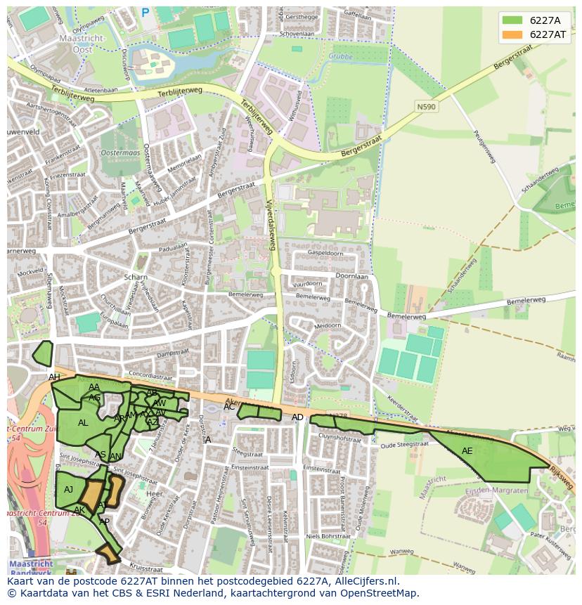 Afbeelding van het postcodegebied 6227 AT op de kaart.
