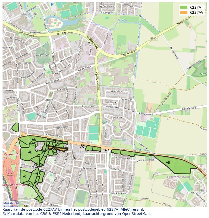 Afbeelding van het postcodegebied 6227 AV op de kaart.