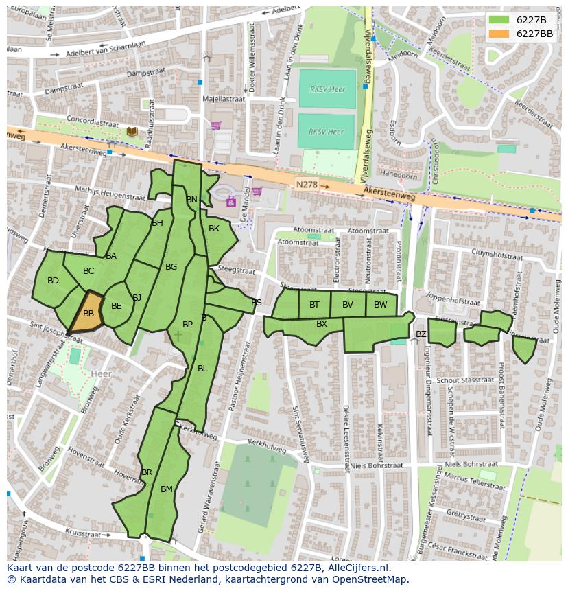 Afbeelding van het postcodegebied 6227 BB op de kaart.