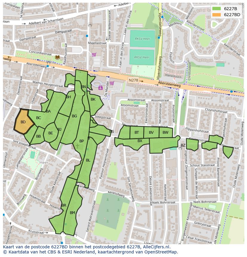 Afbeelding van het postcodegebied 6227 BD op de kaart.