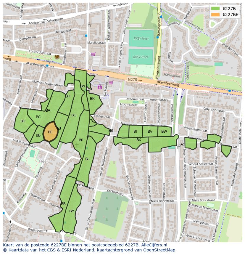 Afbeelding van het postcodegebied 6227 BE op de kaart.