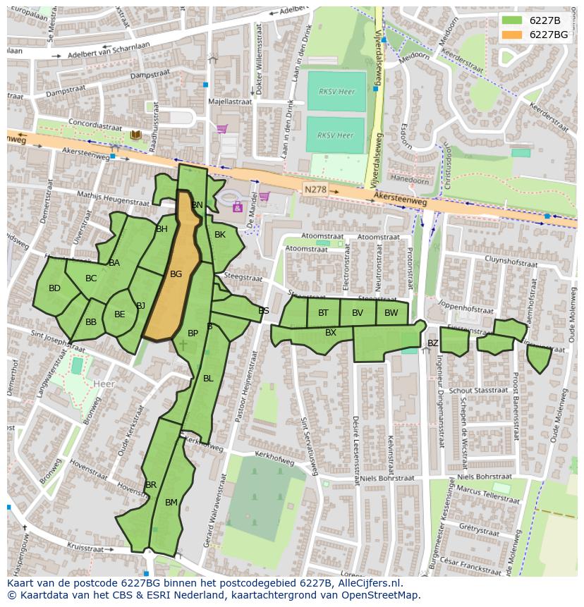 Afbeelding van het postcodegebied 6227 BG op de kaart.