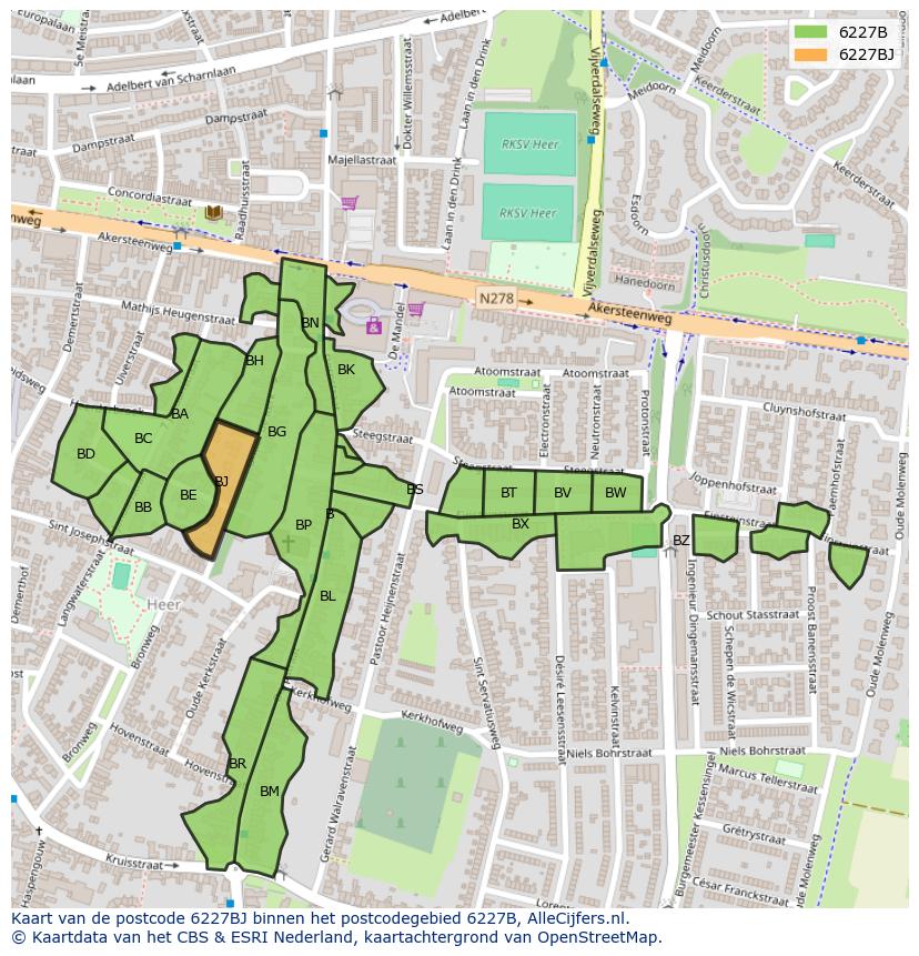 Afbeelding van het postcodegebied 6227 BJ op de kaart.