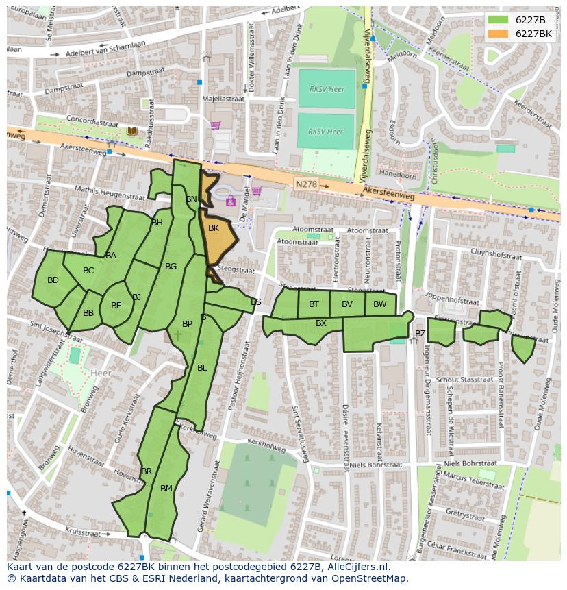 Afbeelding van het postcodegebied 6227 BK op de kaart.