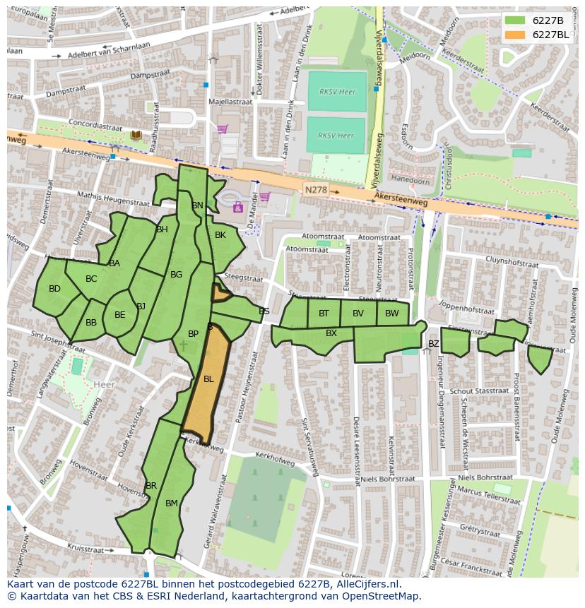 Afbeelding van het postcodegebied 6227 BL op de kaart.