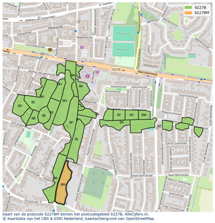 Afbeelding van het postcodegebied 6227 BM op de kaart.
