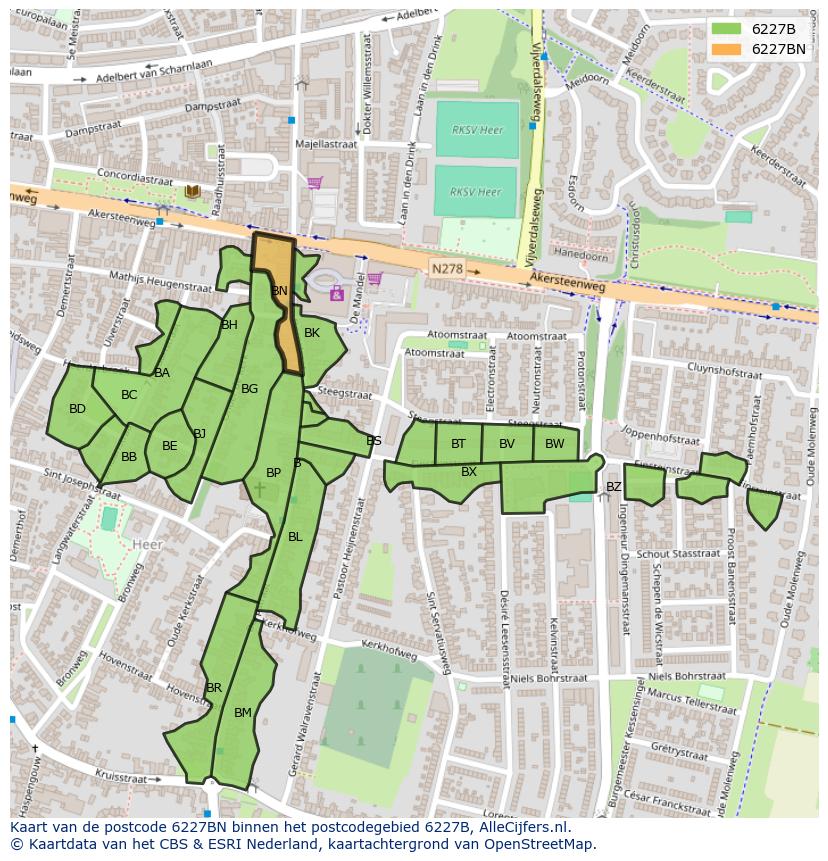 Afbeelding van het postcodegebied 6227 BN op de kaart.