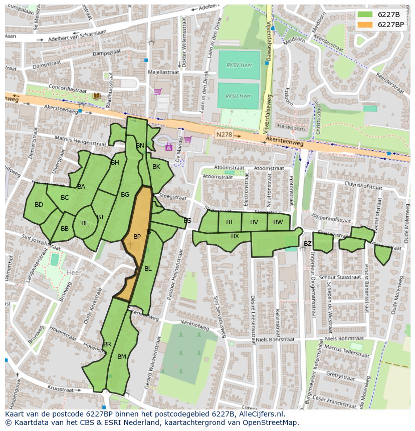 Afbeelding van het postcodegebied 6227 BP op de kaart.
