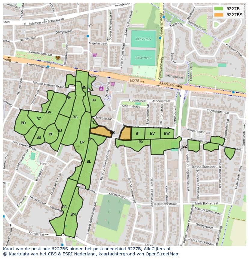 Afbeelding van het postcodegebied 6227 BS op de kaart.
