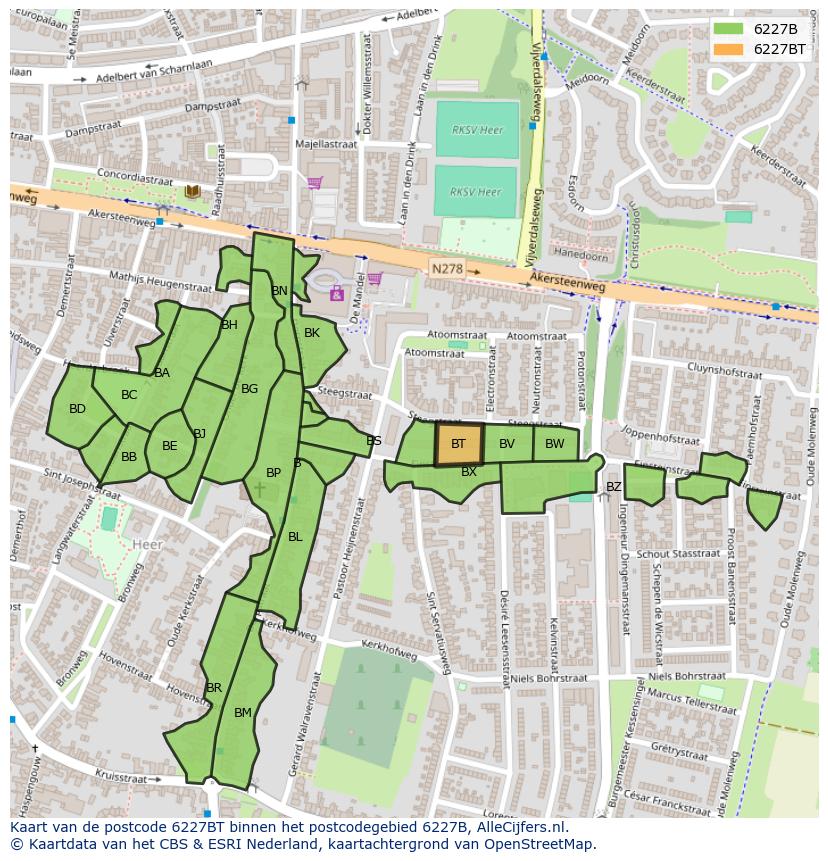 Afbeelding van het postcodegebied 6227 BT op de kaart.