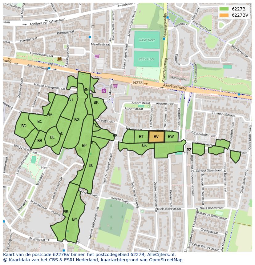 Afbeelding van het postcodegebied 6227 BV op de kaart.