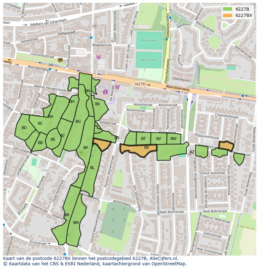 Afbeelding van het postcodegebied 6227 BX op de kaart.