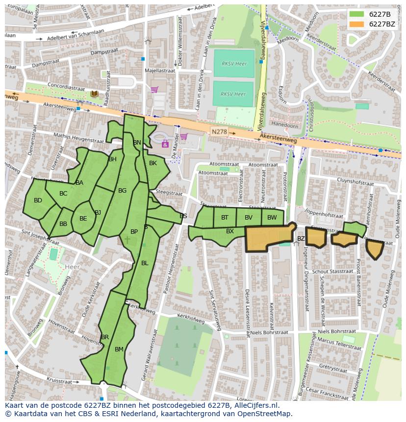 Afbeelding van het postcodegebied 6227 BZ op de kaart.