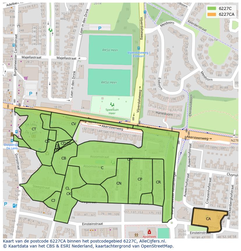Afbeelding van het postcodegebied 6227 CA op de kaart.