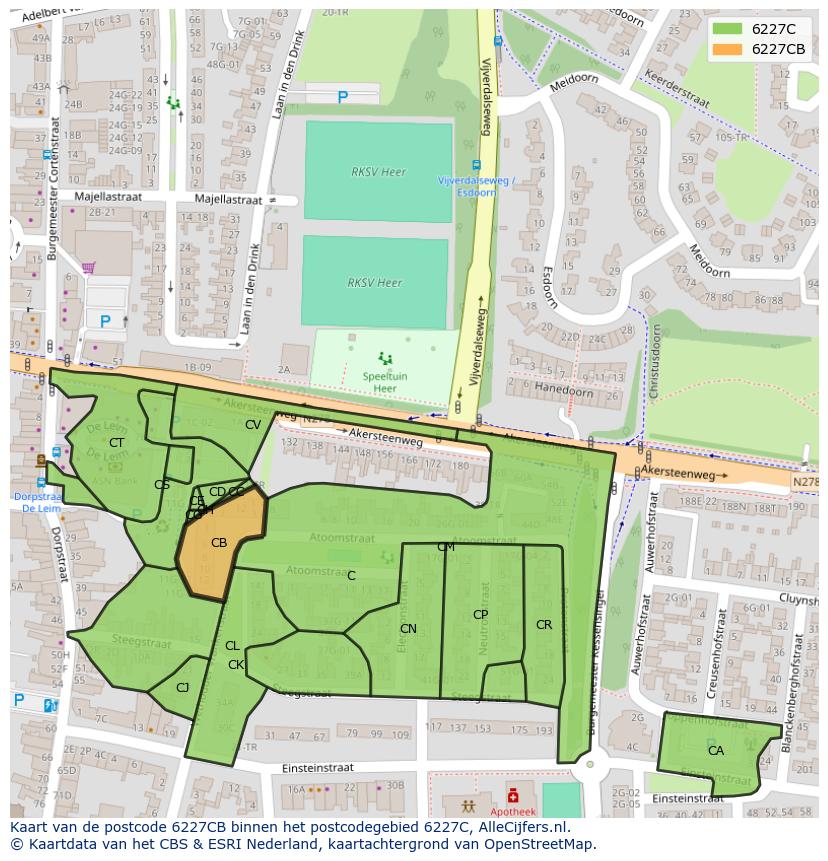 Afbeelding van het postcodegebied 6227 CB op de kaart.