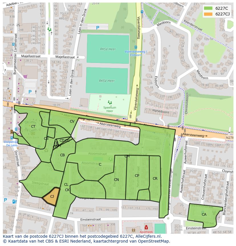 Afbeelding van het postcodegebied 6227 CJ op de kaart.
