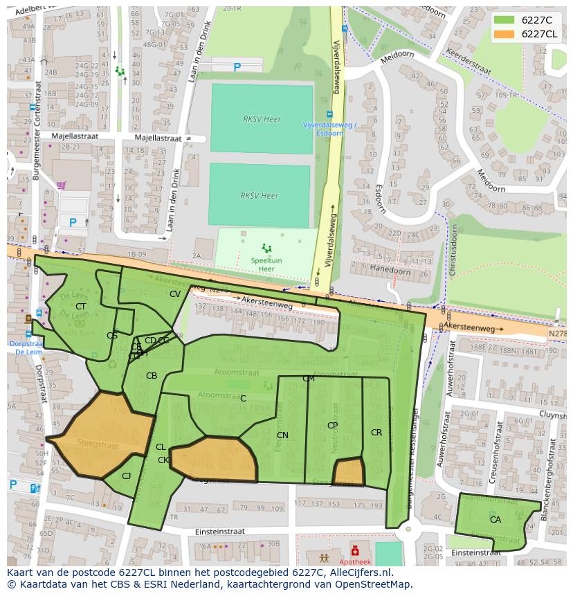 Afbeelding van het postcodegebied 6227 CL op de kaart.